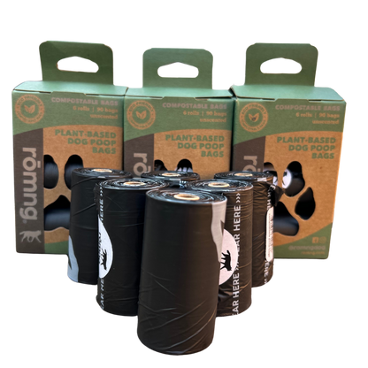 Roll of compostable dog poop bags made from plant-based materials for eco-friendly pet waste disposal