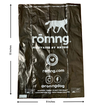 Black 💥 compostable plant-based dog poop bag with eco-friendly logo and size dimensions 9x13 inches