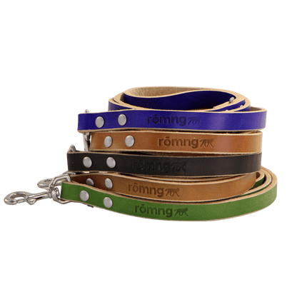 Handmade leather dog leashes in multiple colors with brass hardware and beveled edges for comfort