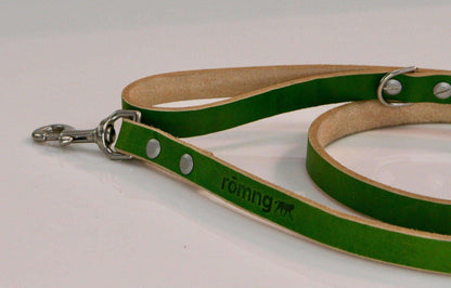 Handmade green leather dog leash with nickel-plated brass swivel and D-ring, durable and comfortable grip