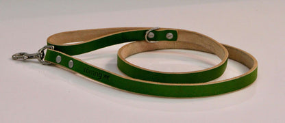 Handmade green leather dog leash with metal clasp and rivets, durable and comfortable grip