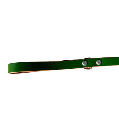 Green handmade leather dog leash with metal rivets and smooth edges isolated on white background
