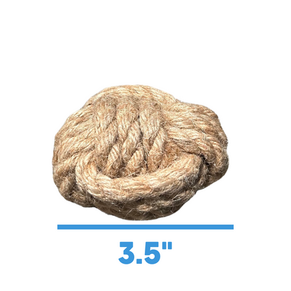 Natural hemp rope dog tug-toy ball measuring 3.5 inches in diameter, eco-friendly and durable pet toy.