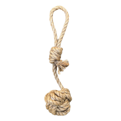 Hemp rope dog tug-toy made from natural, durable, eco-friendly hemp fibers for interactive play and dental health.