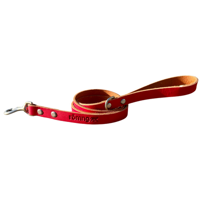 handmade leather dog leash red with nickel-plated brass swivel snap and beveled edges