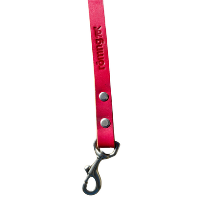 Red handmade leather dog leash with metal clasp and rivets, durable and stylish pet accessory