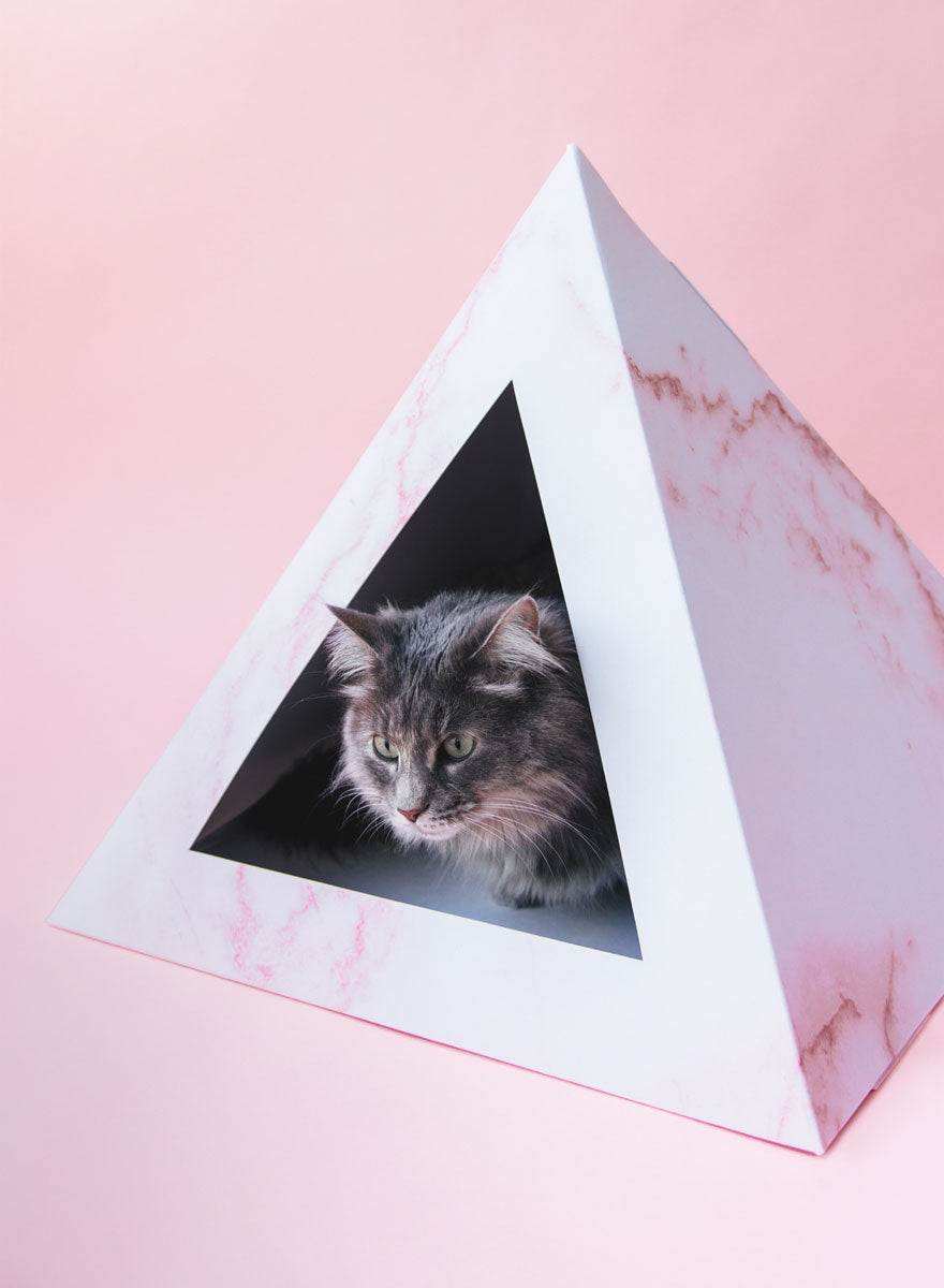 Rose quartz geometric cardboard cat pyramid with artistic doodle design