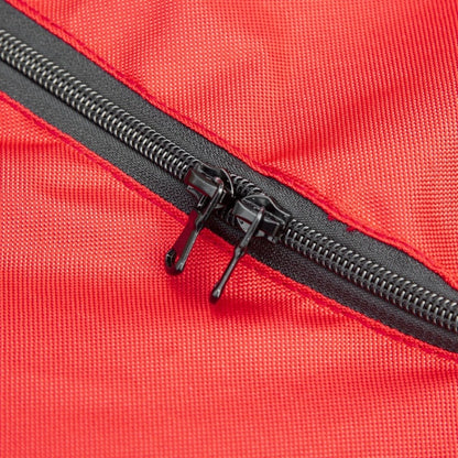 Close-up of black zipper on red fabric of 2-in-1 pet bike trailer and stroller cover