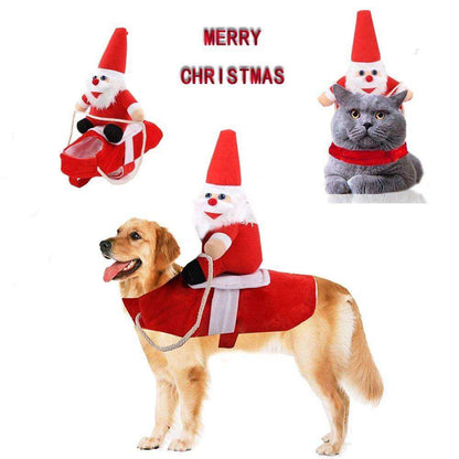 Large and medium dogs wearing Santa dog Christmas costumes in red and white
