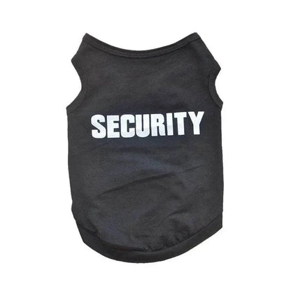 black sleeveless polyester dog vest with white SECURITY text, lightweight security clothing for dogs summer style