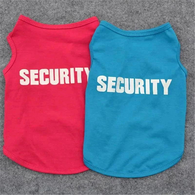Security Clothing for Dogs lightweight summer pet T-shirts in red and blue polyester with sleeveless design and bold white SECURITY text
