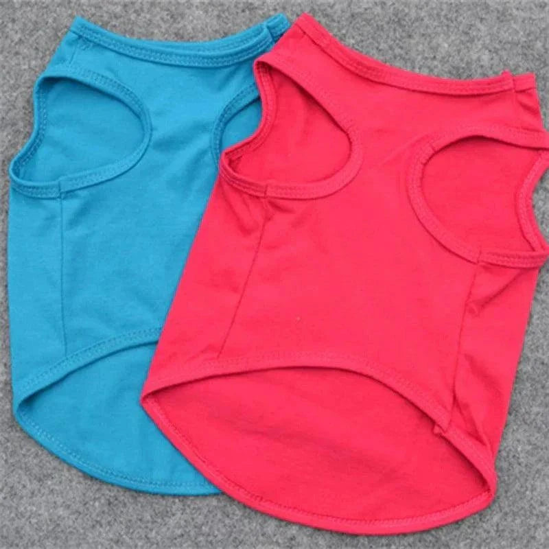 Security Clothing for Dogs including two sleeveless pet t-shirts in solid red and blue polyester fabric for small breeds