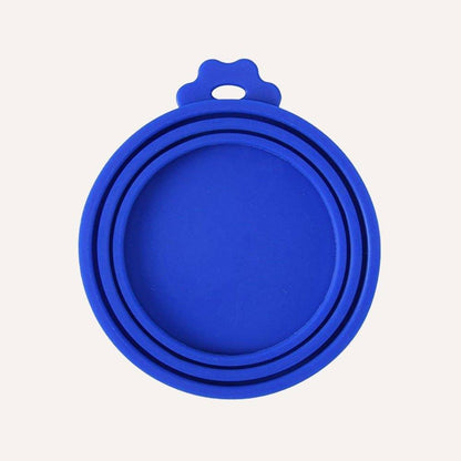 Blue BPA-free silicone pet food saver lid for keeping food fresh