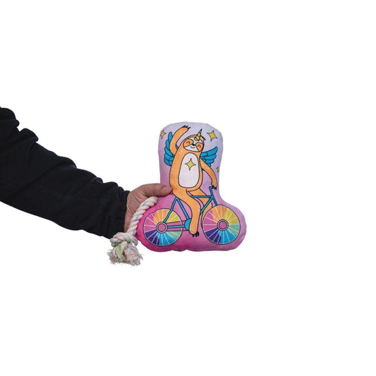 Slow biker plush dog toy with squeaker and crinkle paper for interactive play