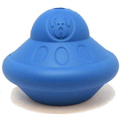 Blue Flying Saucer eDispenser durable rubber dog chew toy and treat dispenser
