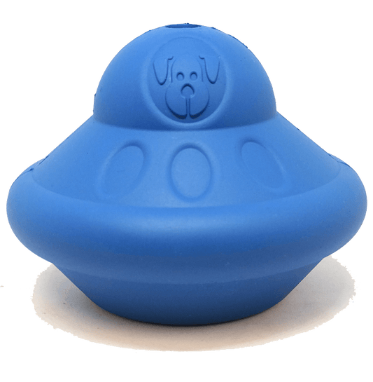 Blue Flying Saucer eDispenser durable rubber dog chew toy and treat dispenser