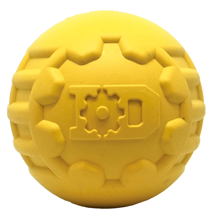 Yellow durable rubber chew ball with gear design and dental ridges for aggressive dogs