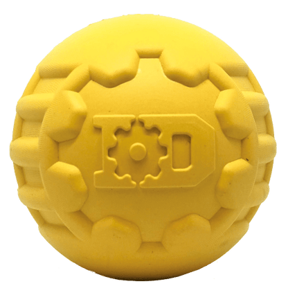 Yellow durable rubber chew ball with gear design and dental ridges for aggressive dogs