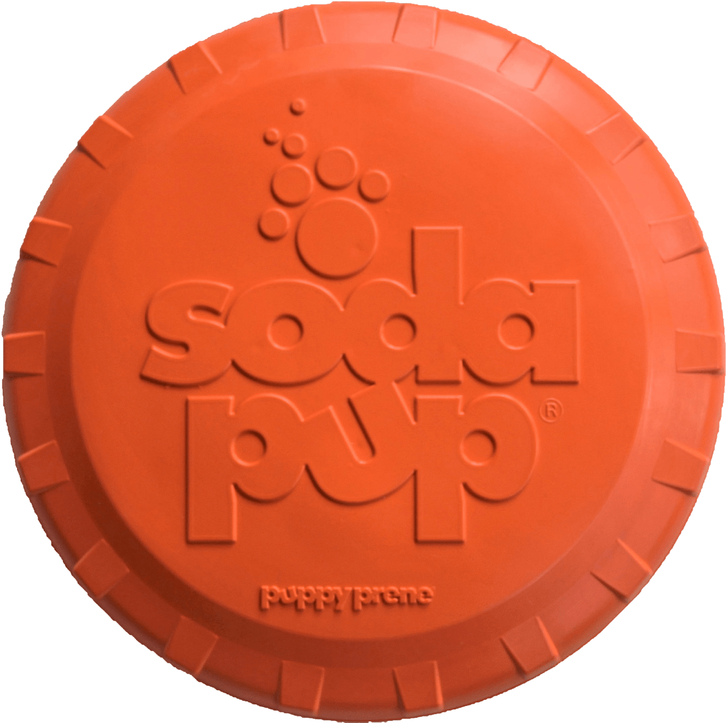Orange Bottle Top Flyer durable rubber frisbee for dog retrieving, shaped like a bottle cap.