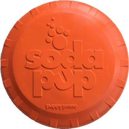 Orange Bottle Top Flyer durable rubber frisbee for dog retrieving, shaped like a bottle cap.