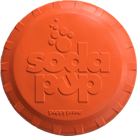 Orange Bottle Top Flyer durable rubber frisbee for dog retrieving, shaped like a bottle cap.