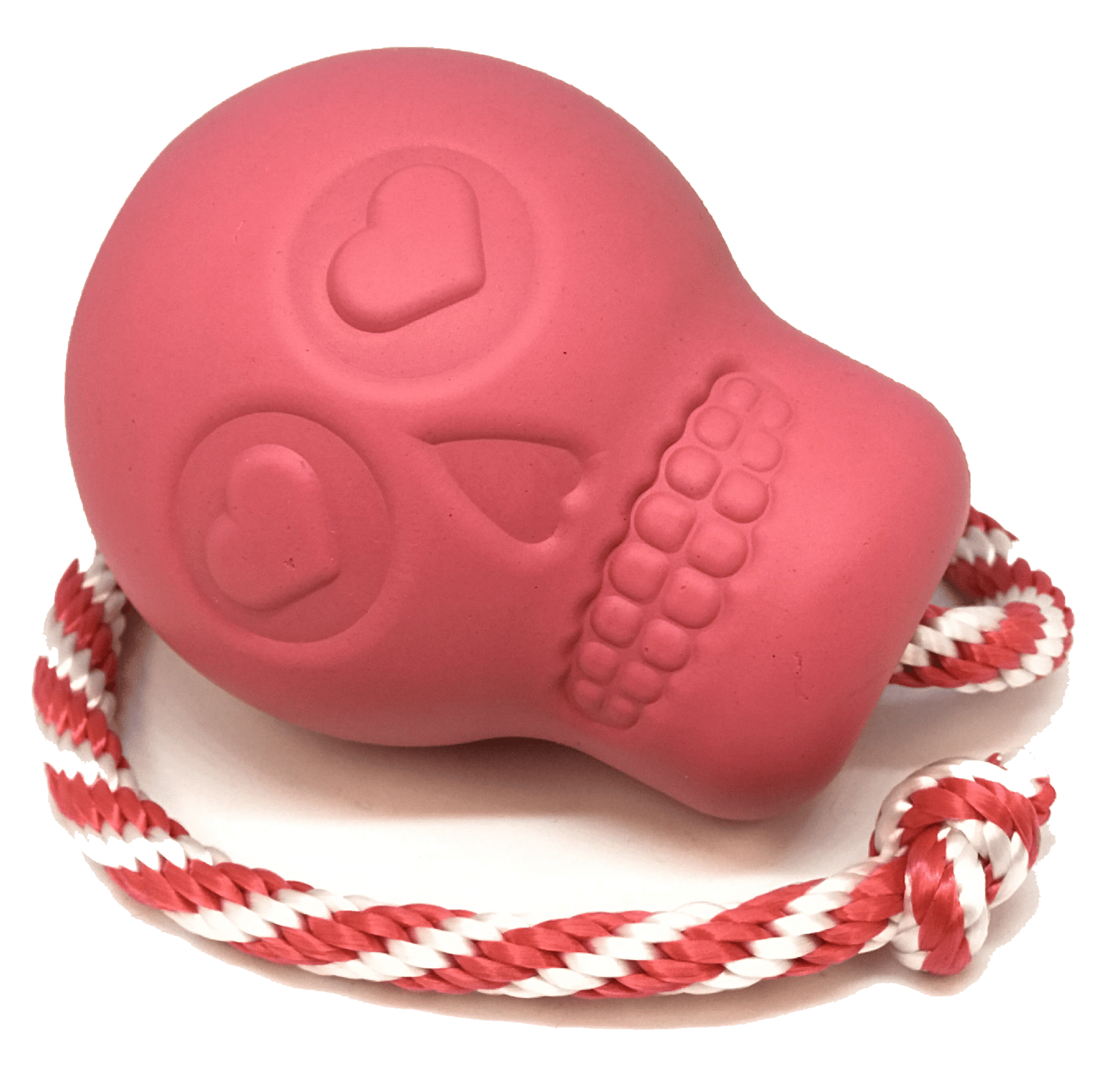 USA-K9 Skull Durable Rubber Chew Toy in pink with attached red and white rope, designed for heavy chewing and treat dispensing.