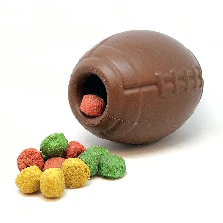Football eDispenser durable rubber chew toy and treat dispenser for dogs with colorful treats