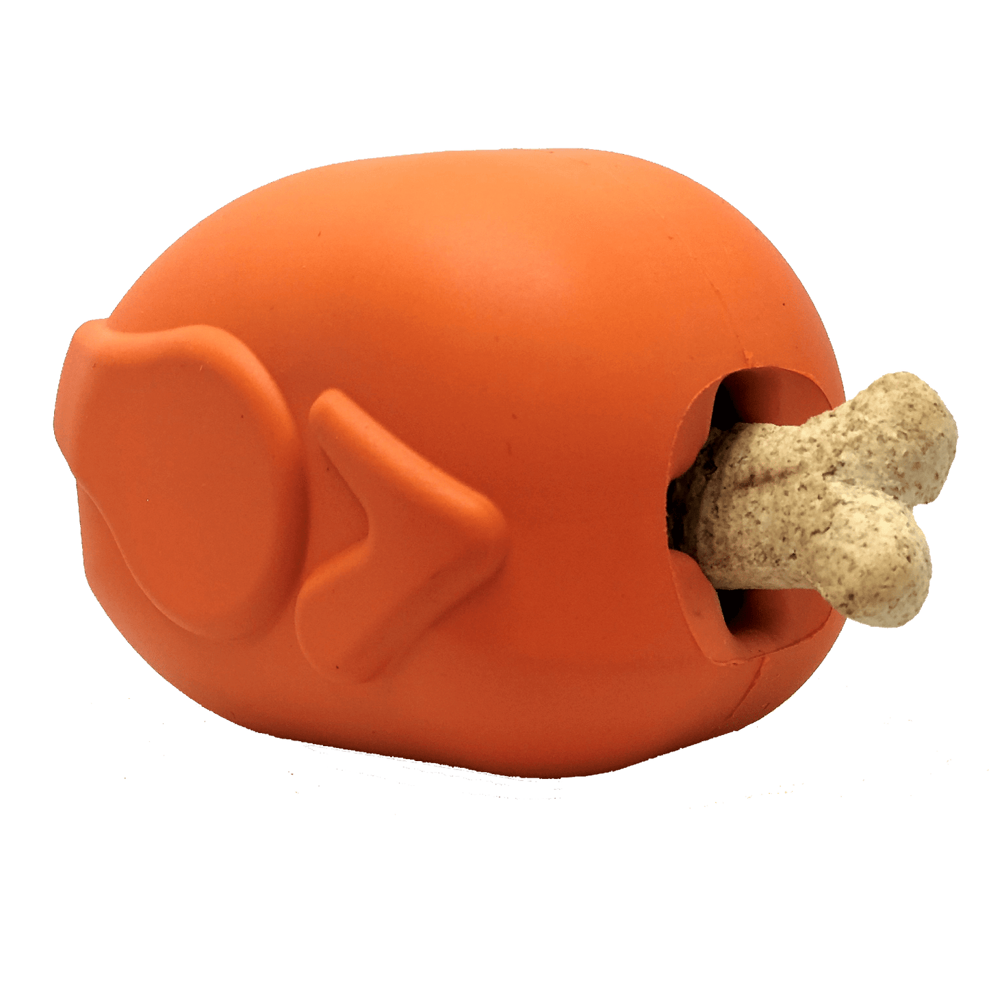 Large durable orange Roasted Turkey Toy rubber chew and treat dispenser with bone-shaped treat inside