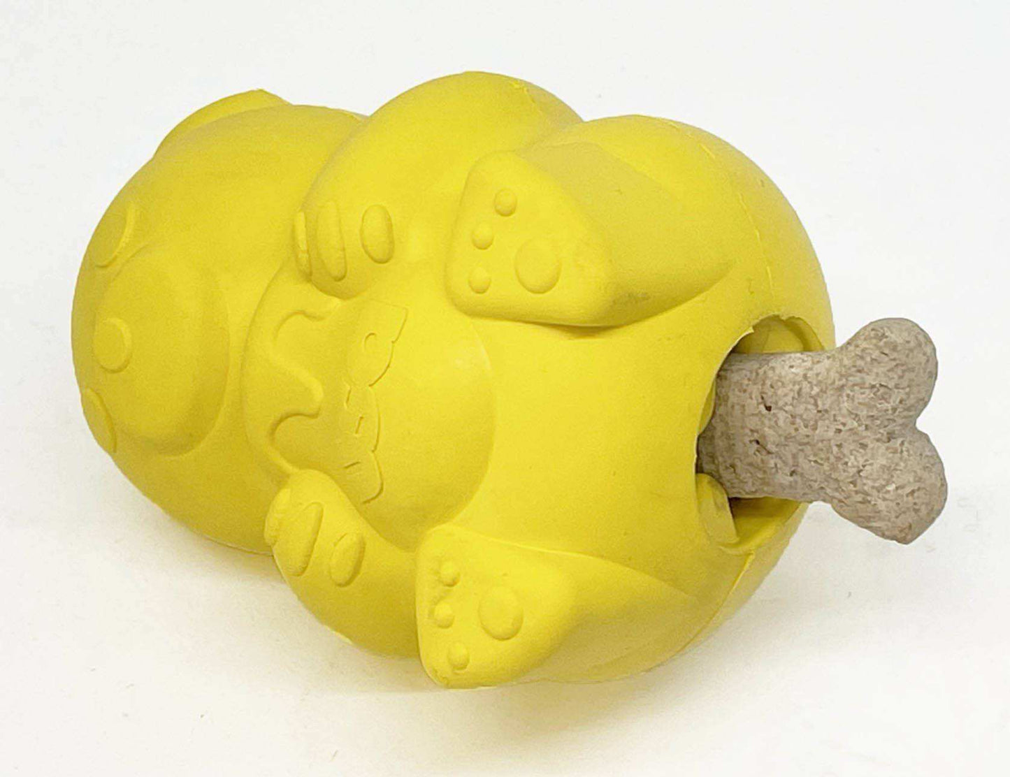 Honey Bear eDispenser durable yellow rubber dog treat toy with bone-shaped treat inserted