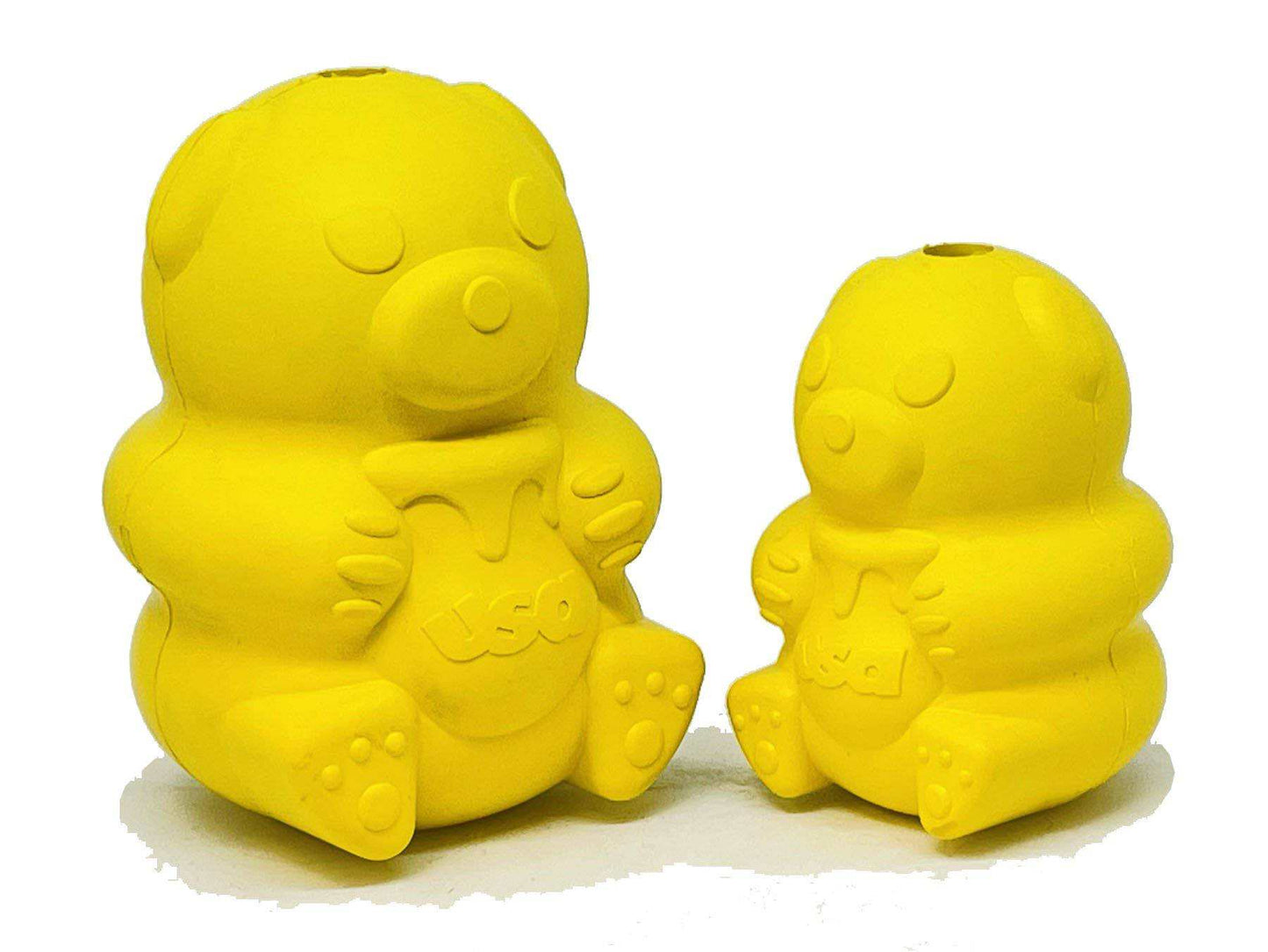 Honey Bear eDispenser durable yellow rubber dog treat dispenser toy in large and small sizes