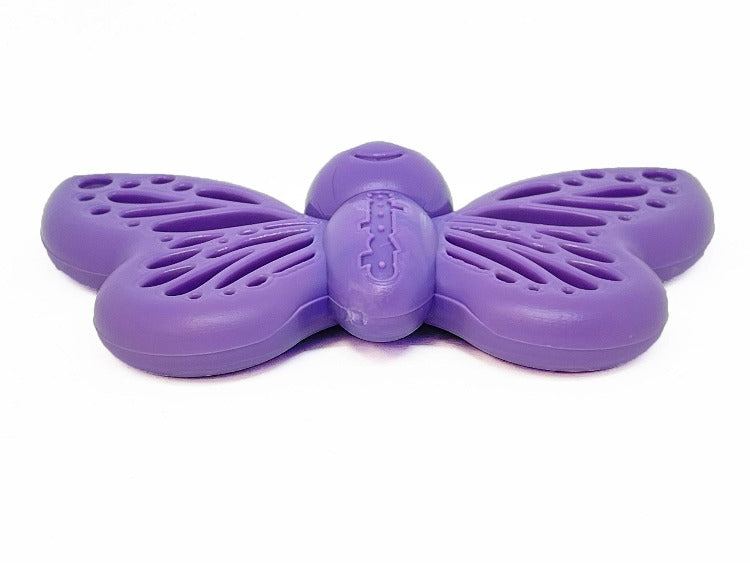Purple butterfly-shaped nylon chew toy for aggressive dogs with textured enrichment wings by SodaPup
