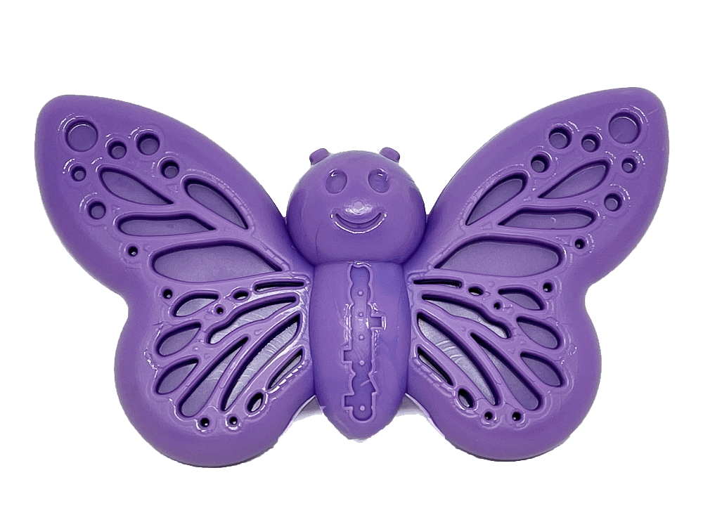 Purple butterfly-shaped nylon chew toy for aggressive dog chewers with textured enrichment wings by SodaPup