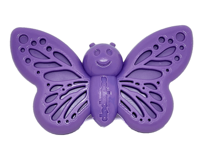 Purple butterfly-shaped nylon chew toy for aggressive dog chewers with textured enrichment wings by SodaPup