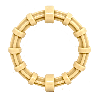 Chicken flavored durable nylon teething ring for puppies and aggressive chewers with ridged honey dipper design