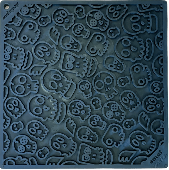 Zombie eMat enrichment lick mat for dogs and cats with textured skull and zombie pattern in black for anxiety relief and mental stimulation