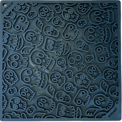 Zombie eMat enrichment lick mat for dogs and cats with textured skull and zombie pattern in black for anxiety relief and mental stimulation
