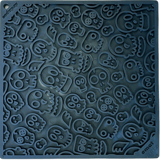 Zombie eMat enrichment lick mat for dogs and cats with textured skull and zombie pattern in black for anxiety relief and mental stimulation