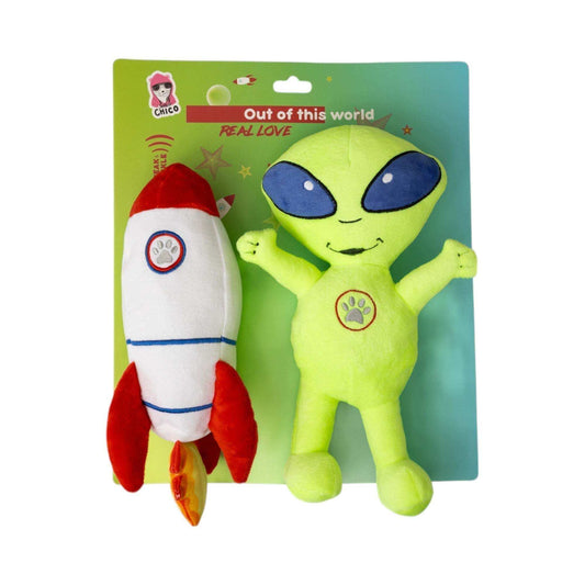 Space alien and rocket plush dog toys with squeakers and crinkle paper