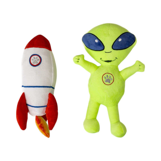 space alien and rocket plush dog toys with squeaker and crinkle paper