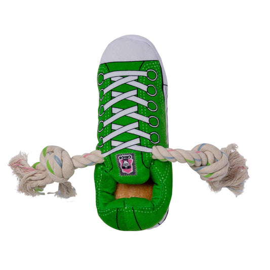 green squeaky comfort plush sneaker dog toy with treat compartment