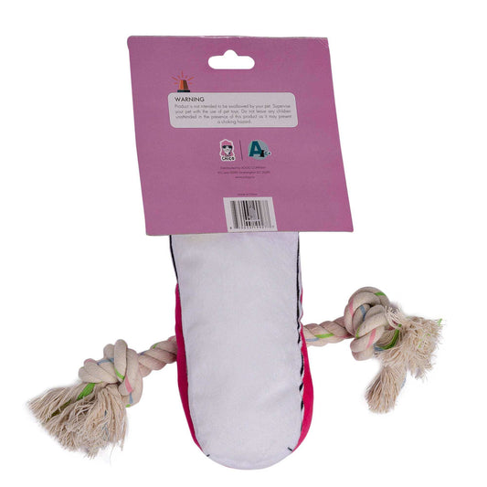 Pink squeaky comfort plush sneaker dog toy with treat compartment and rope