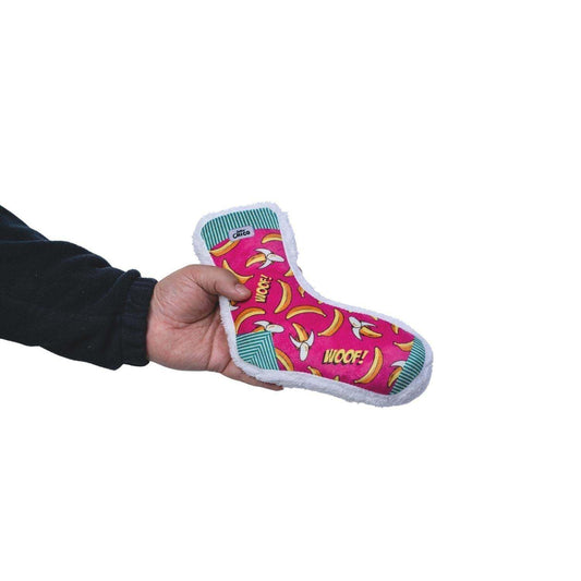 Squeaky sock plush dog toy banana design for interactive play