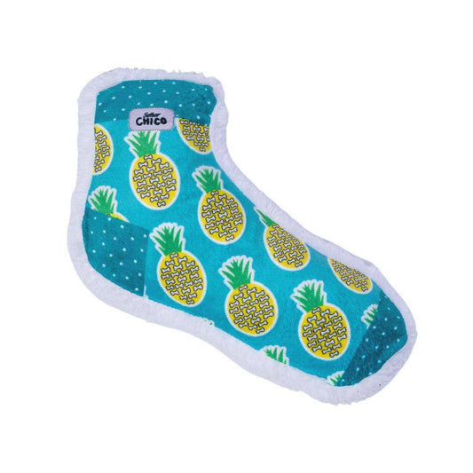 Squeaky sock plush dog toy with pineapple design