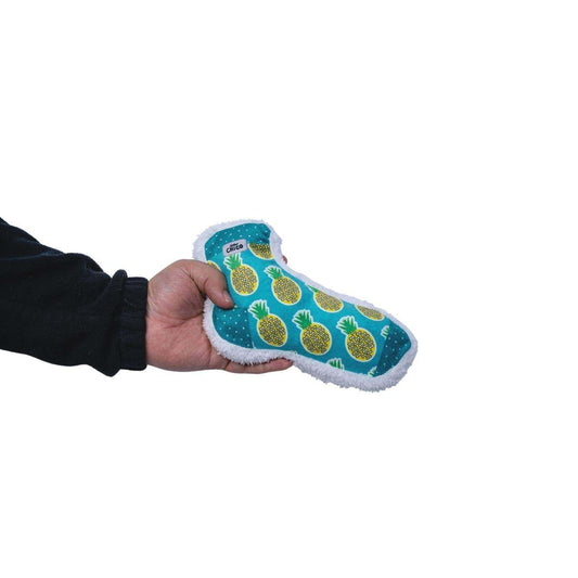 Squeaky sock plush dog toy with pineapple design