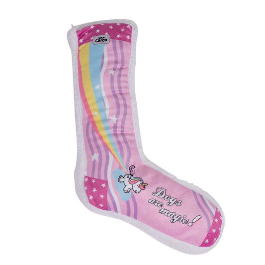 Squeaky sock plush dog toy with whimsical unicorn design