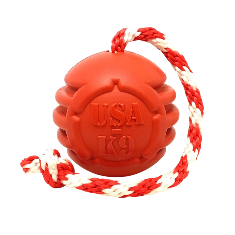 USA-K9 Stars and Stripes red durable rubber chew toy with rope for large dogs