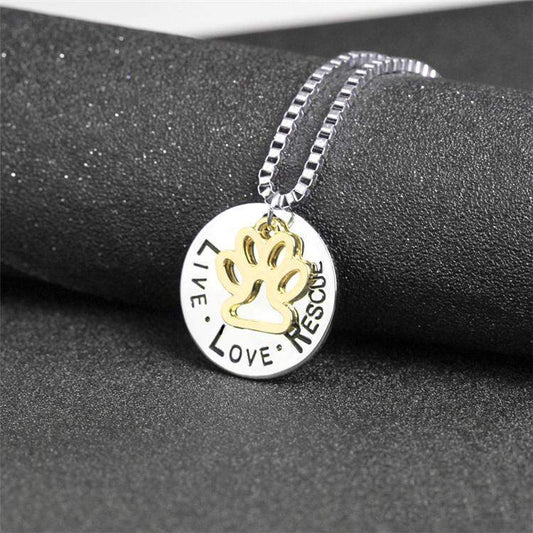 Round dog paw tag pendant necklace with Live, Love, Rescue engraving