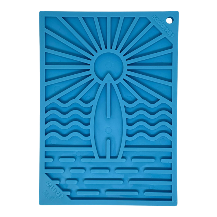 Small blue Surf's Up eMat lick mat with surfboard and wave patterns dog and cat toy