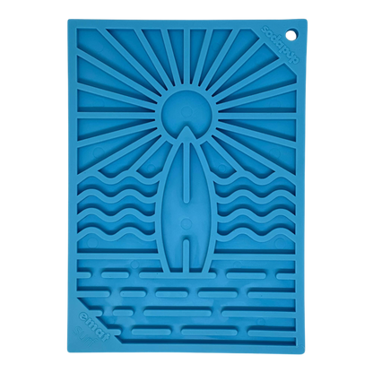 Small blue Surf's Up eMat lick mat with surfboard and wave patterns dog and cat toy