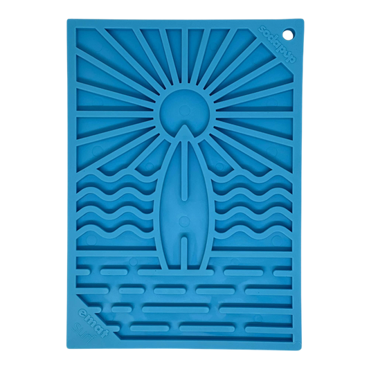 Small blue Surf's Up eMat lick mat with surfboard and wave patterns dog and cat toy